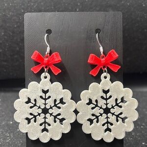 Festive Snowflake Earrings with Red Bows